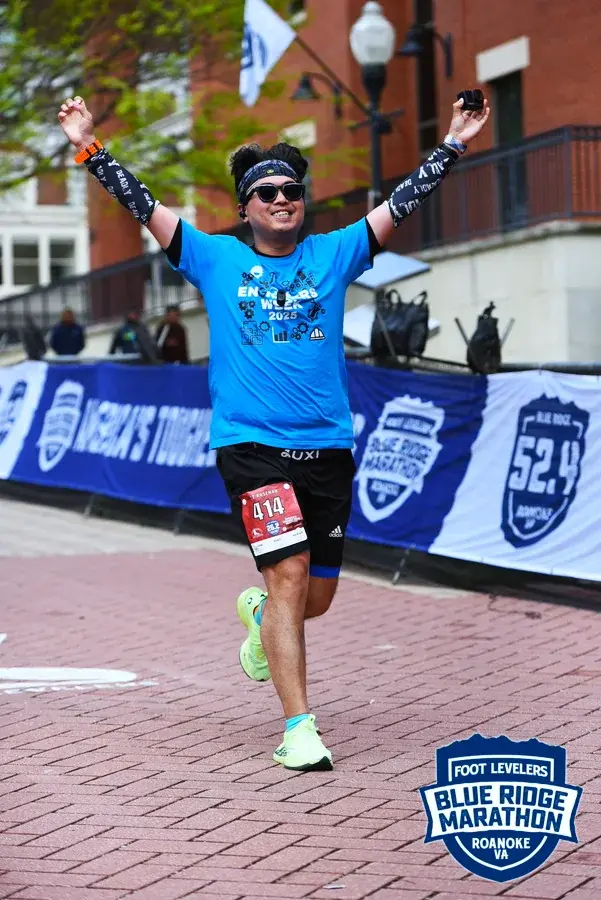 Official finish-line jump in blue