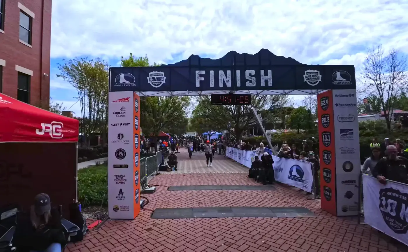 Roanoke finish arch framed by brick streets
