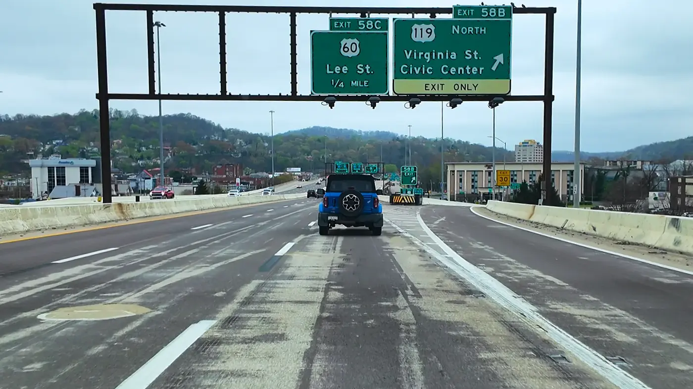 Toll booths on the wet drive north