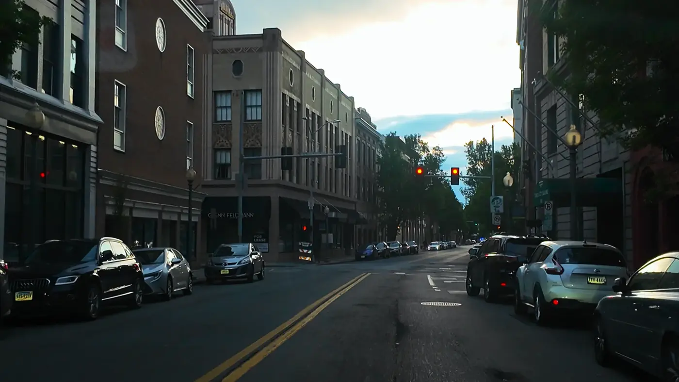 Sunlit downtown street after the clouds broke