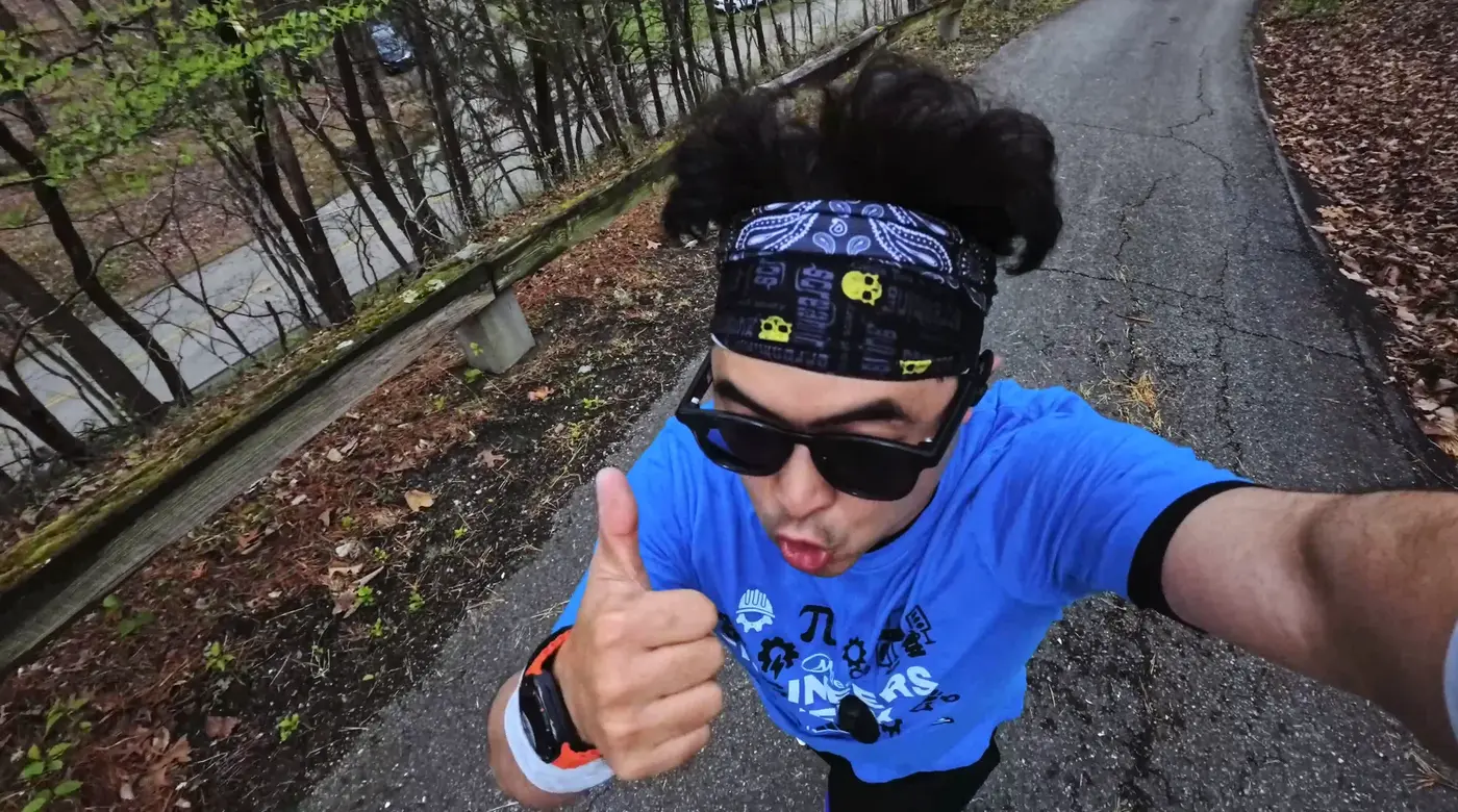 Thumbs-up selfie on the steep grade