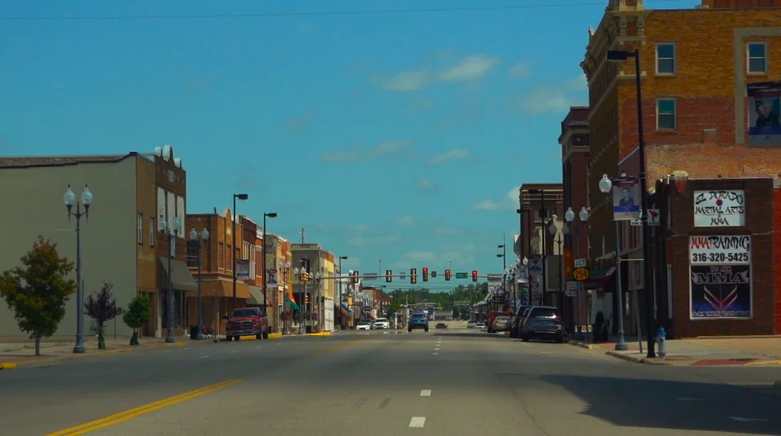 Small-town downtown under blue sky