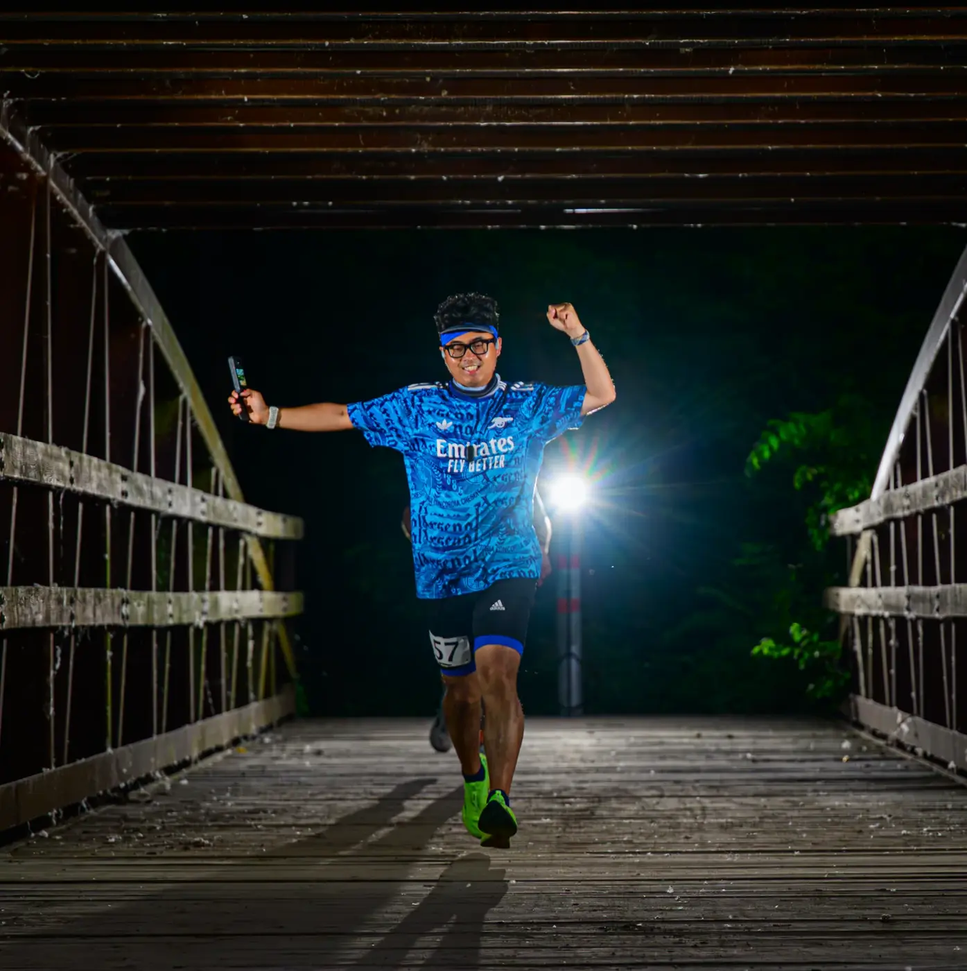 Headlamp shot in the wooden bridge