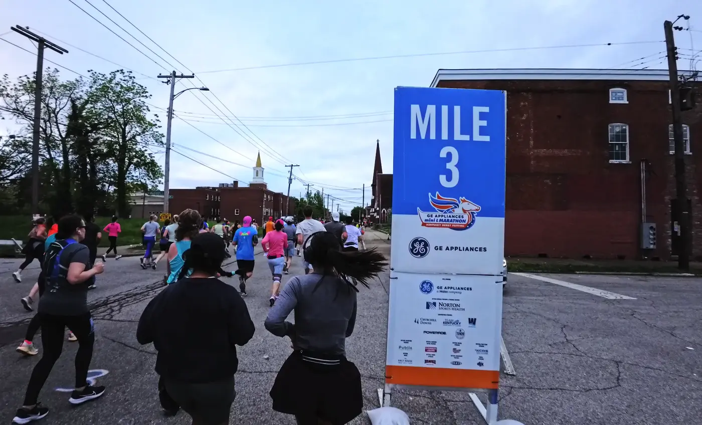 Mile 3 sign near the brick warehouse