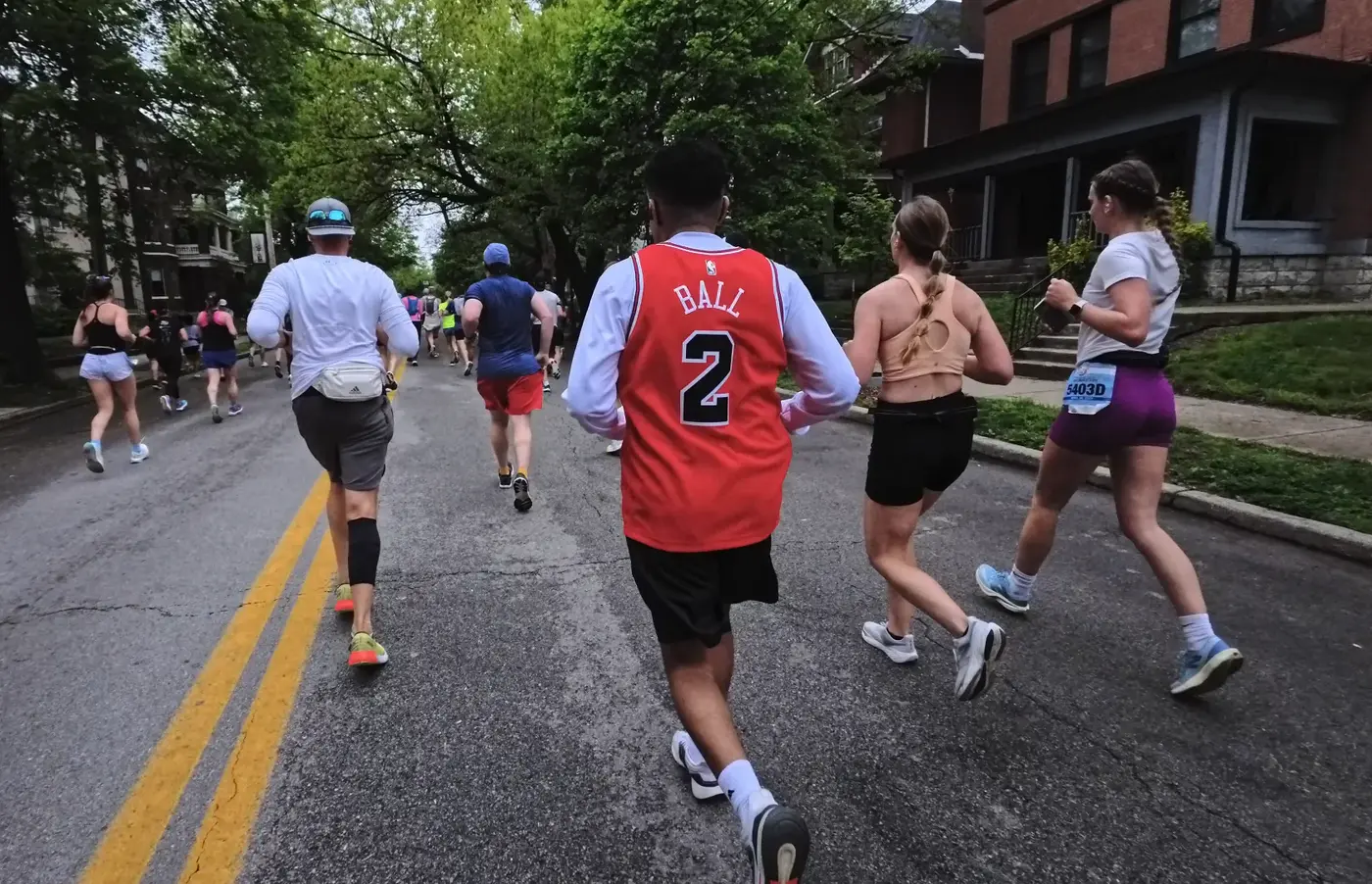 Red relay shirt on the quiet street