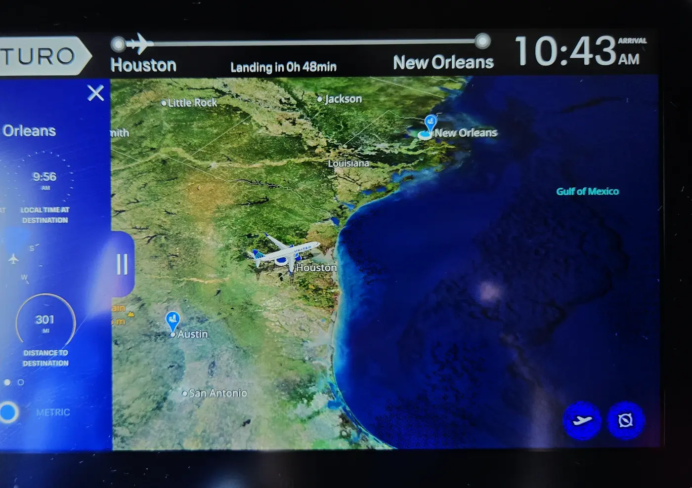Seatback map pointing toward New Orleans