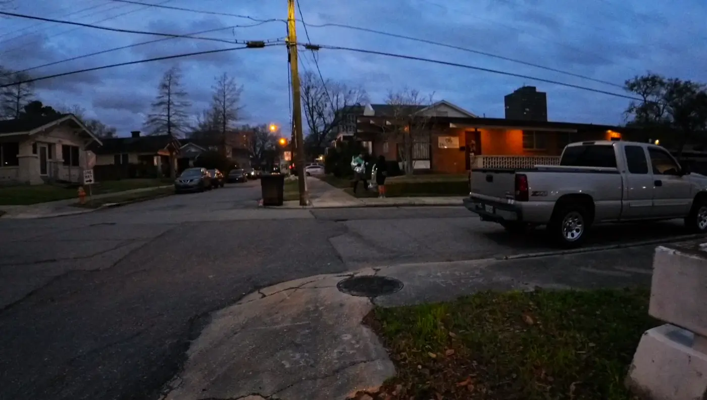 Pre-dawn Baton Rouge street outside the house