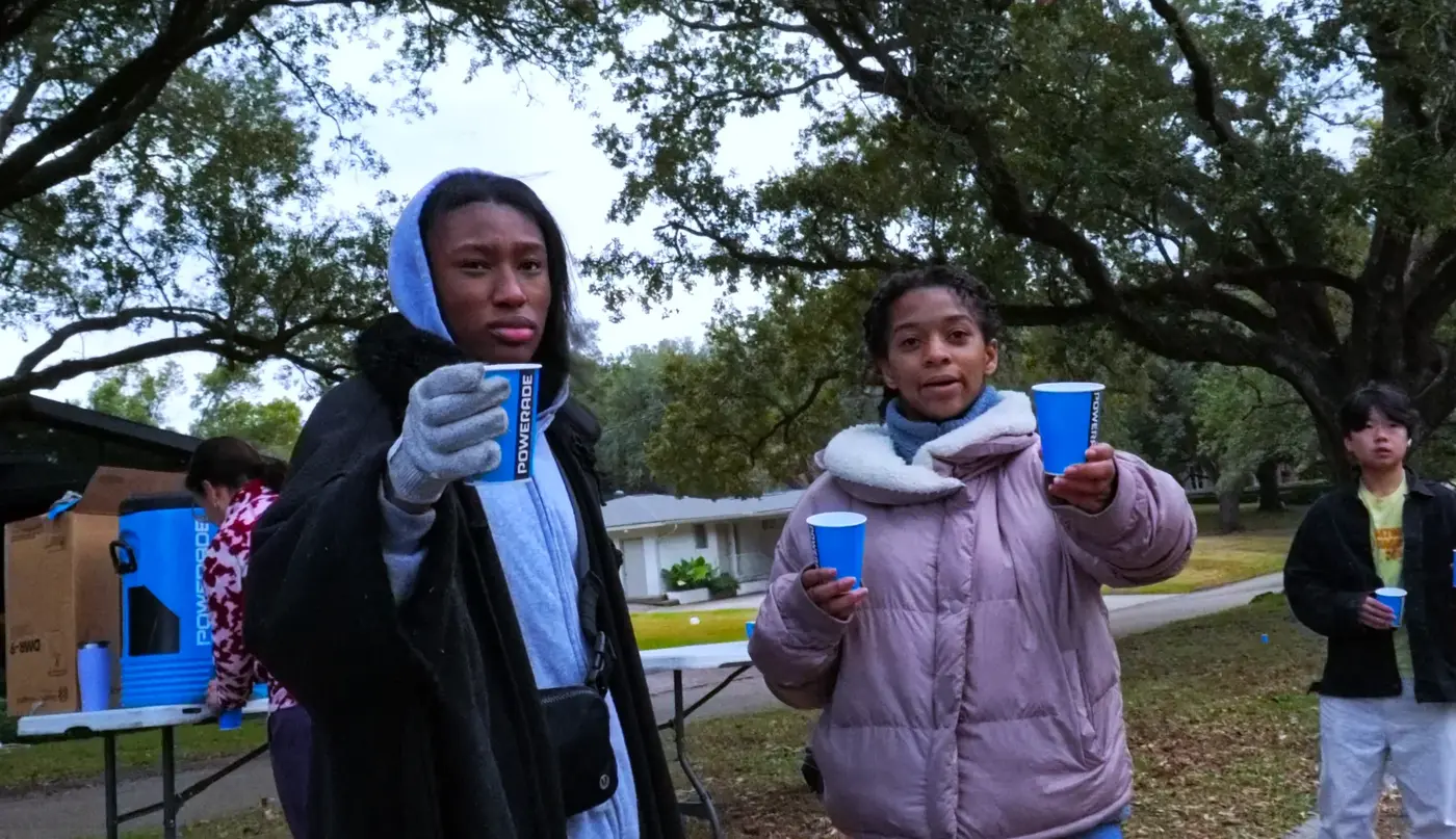 Volunteers bundled up at the aid table