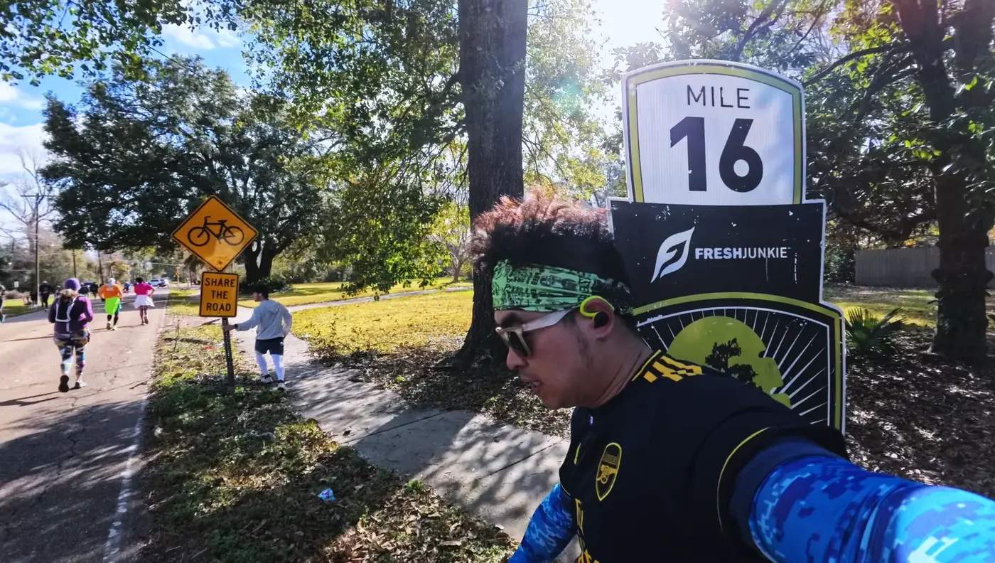 Mile 16 selfie in the bright sun