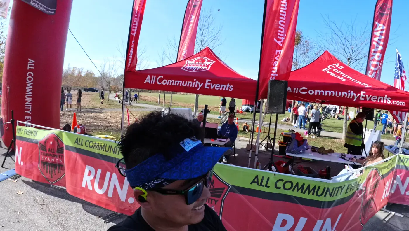 Red race tents in the finish area