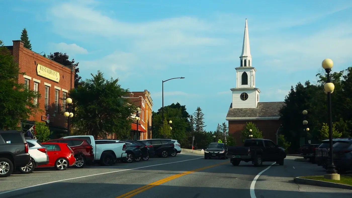 White church in a village center