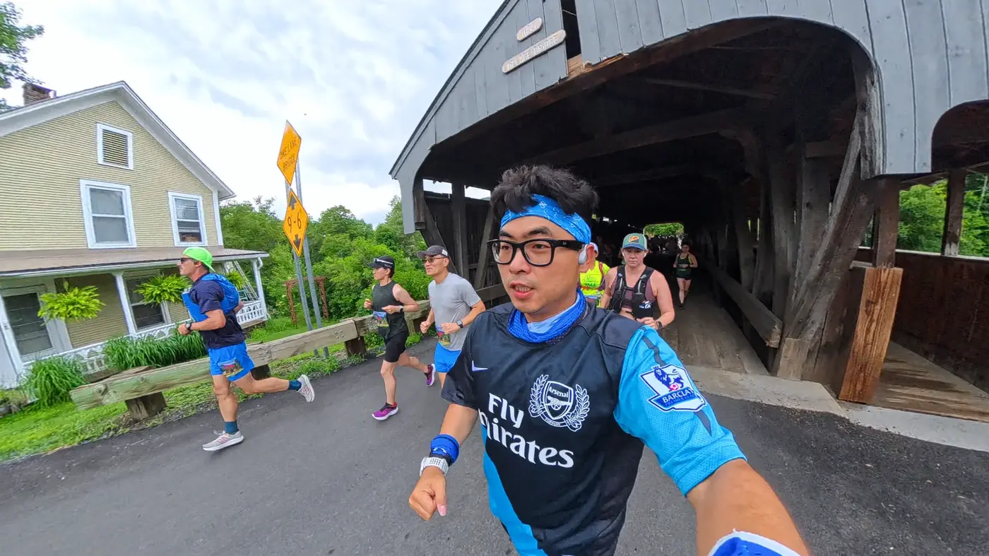 Running past the covered bridge