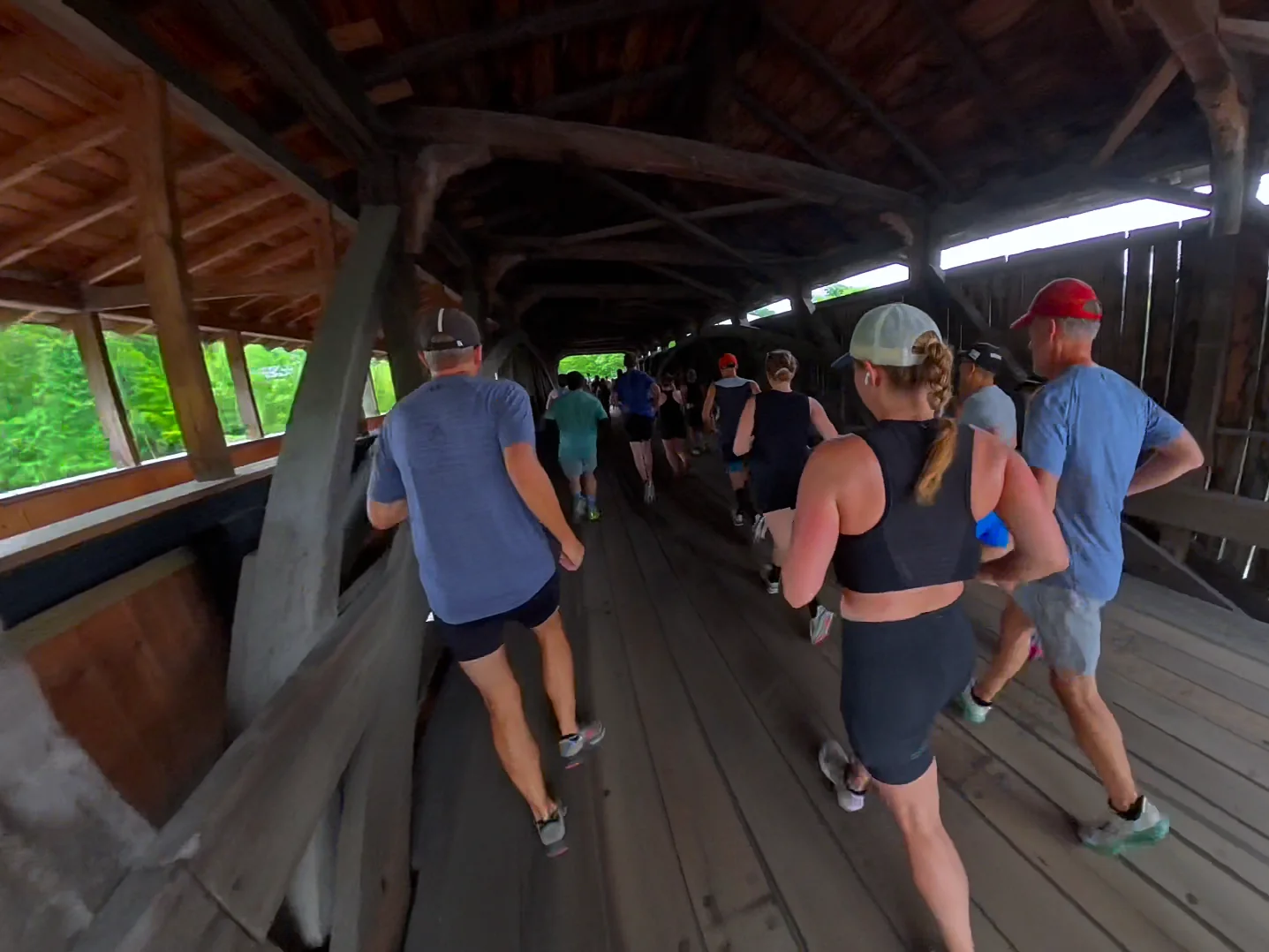 Inside the wooden covered bridge