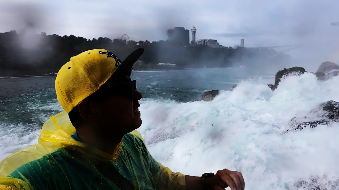 Looking into the waterfall spray from the