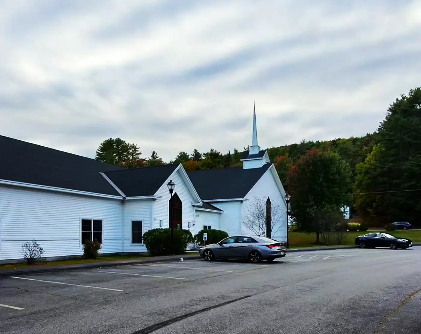 White church and quiet road in the hills