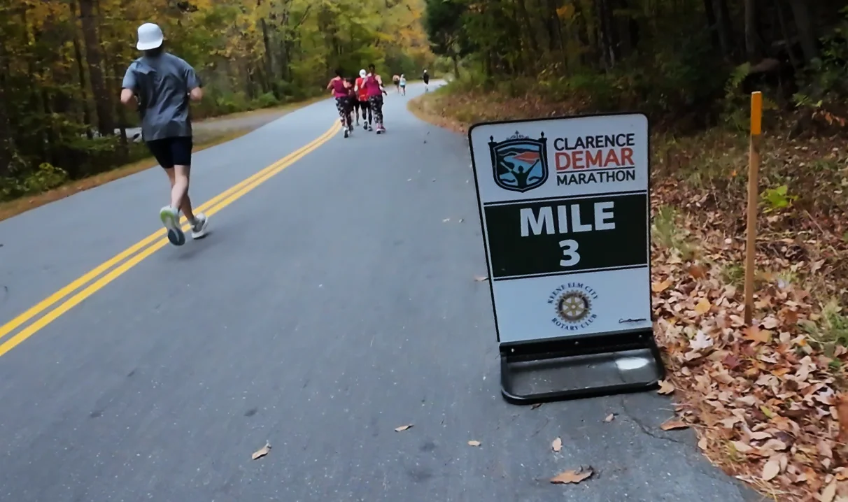 Mile 3 marker under the trees