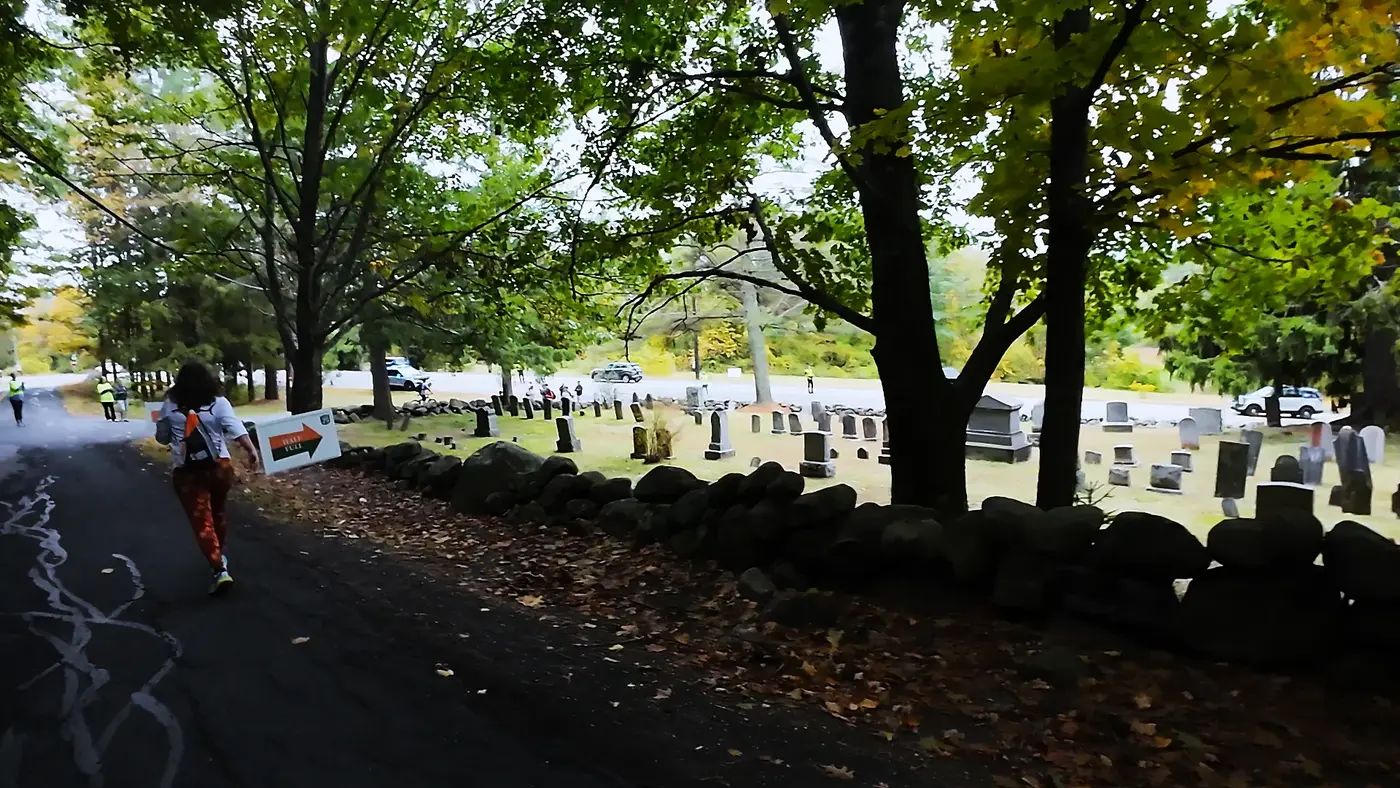 Cemetery stones appearing along the shaded