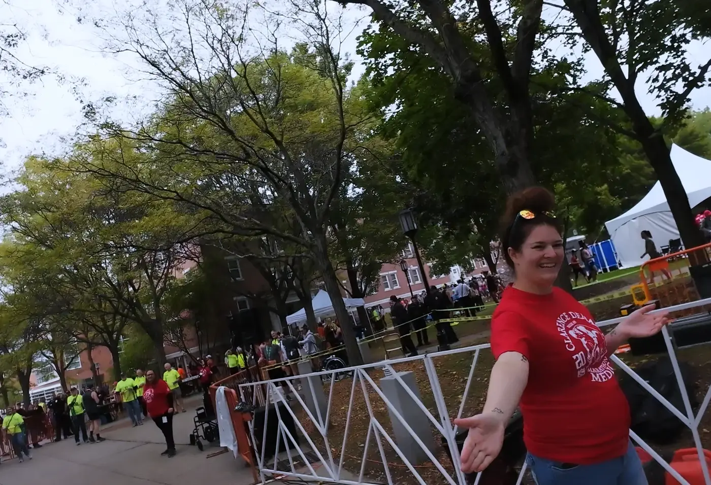 Crowd and barricades just beyond the