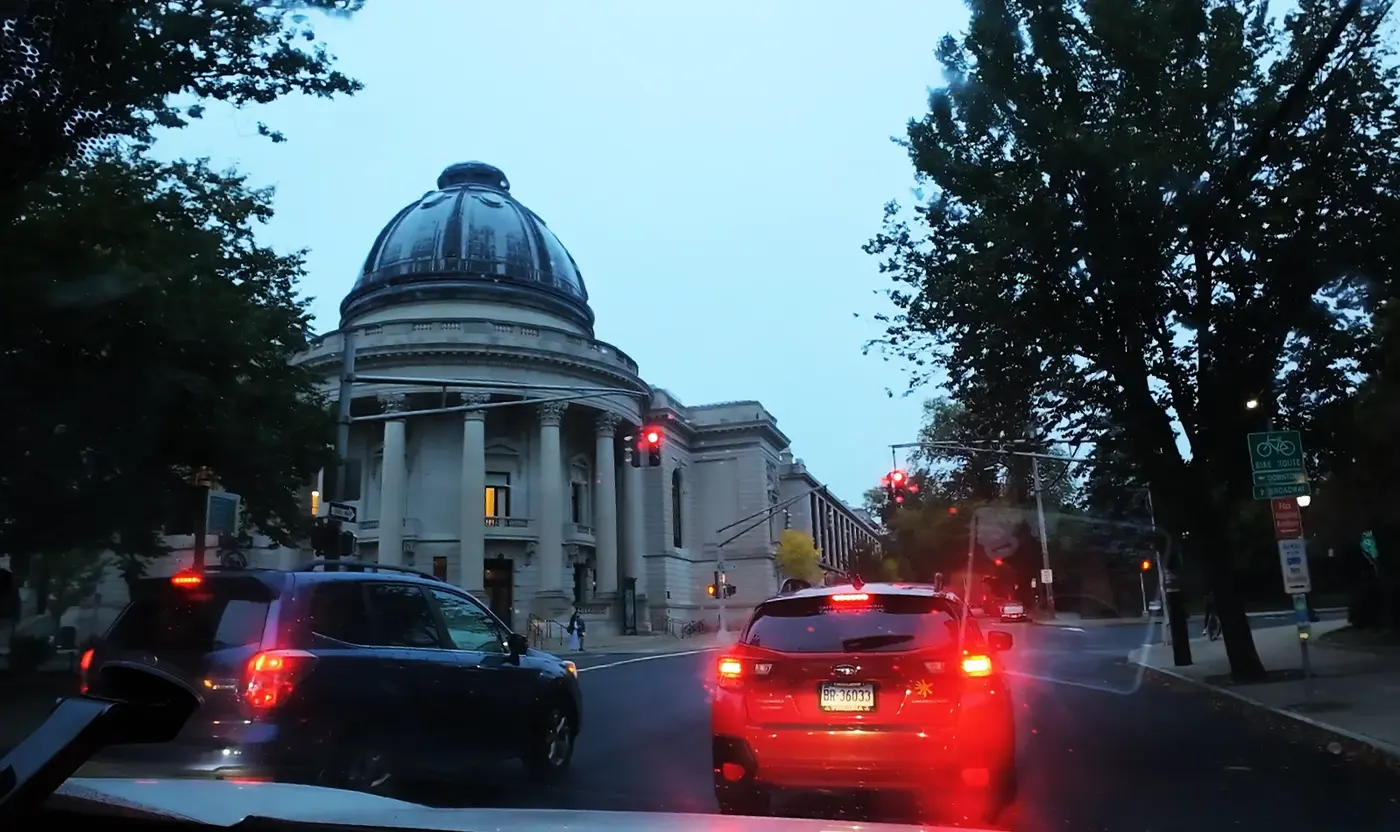 Driving through Yale University at dusk