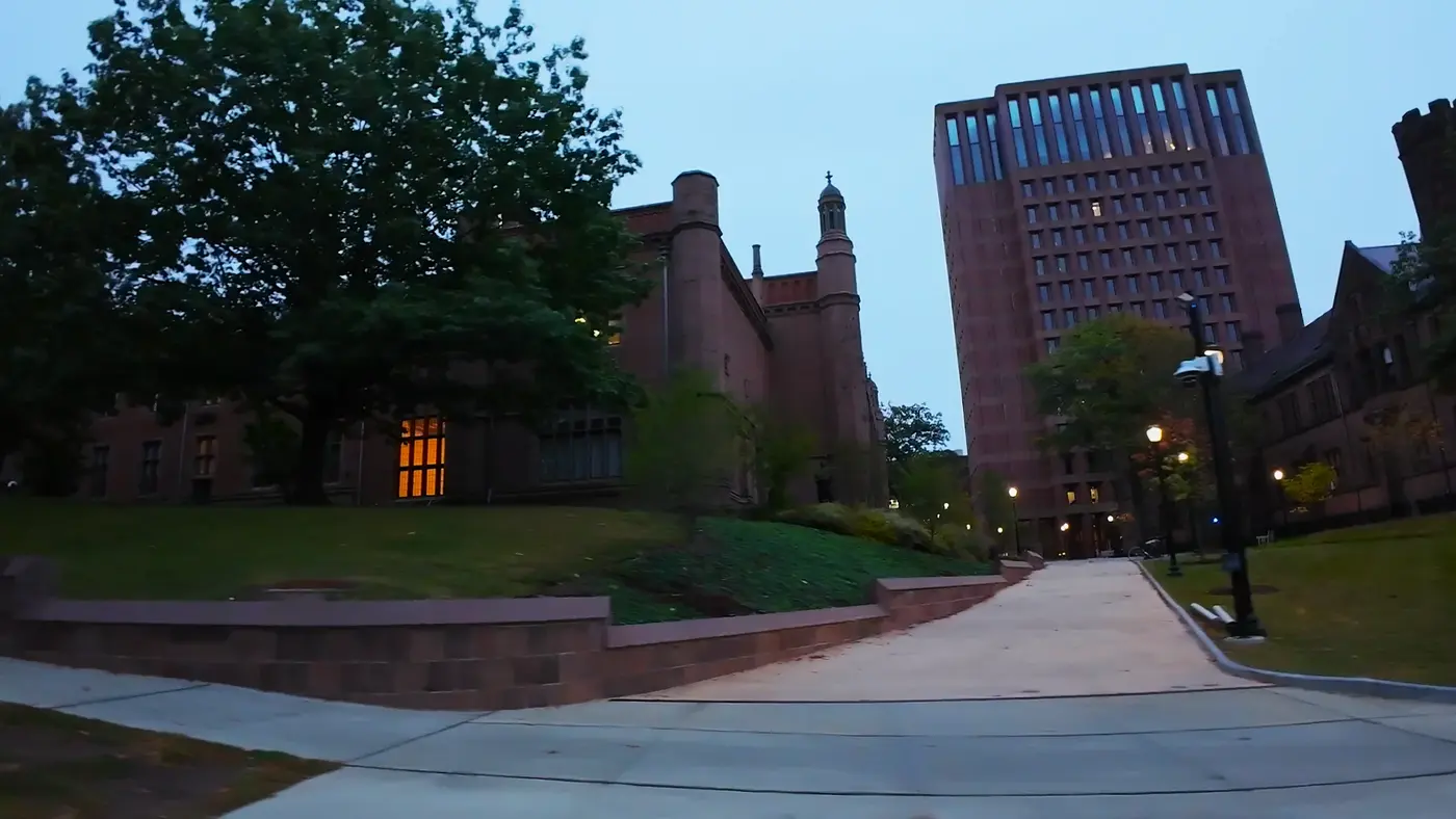 Yale campus buildings in the evening light